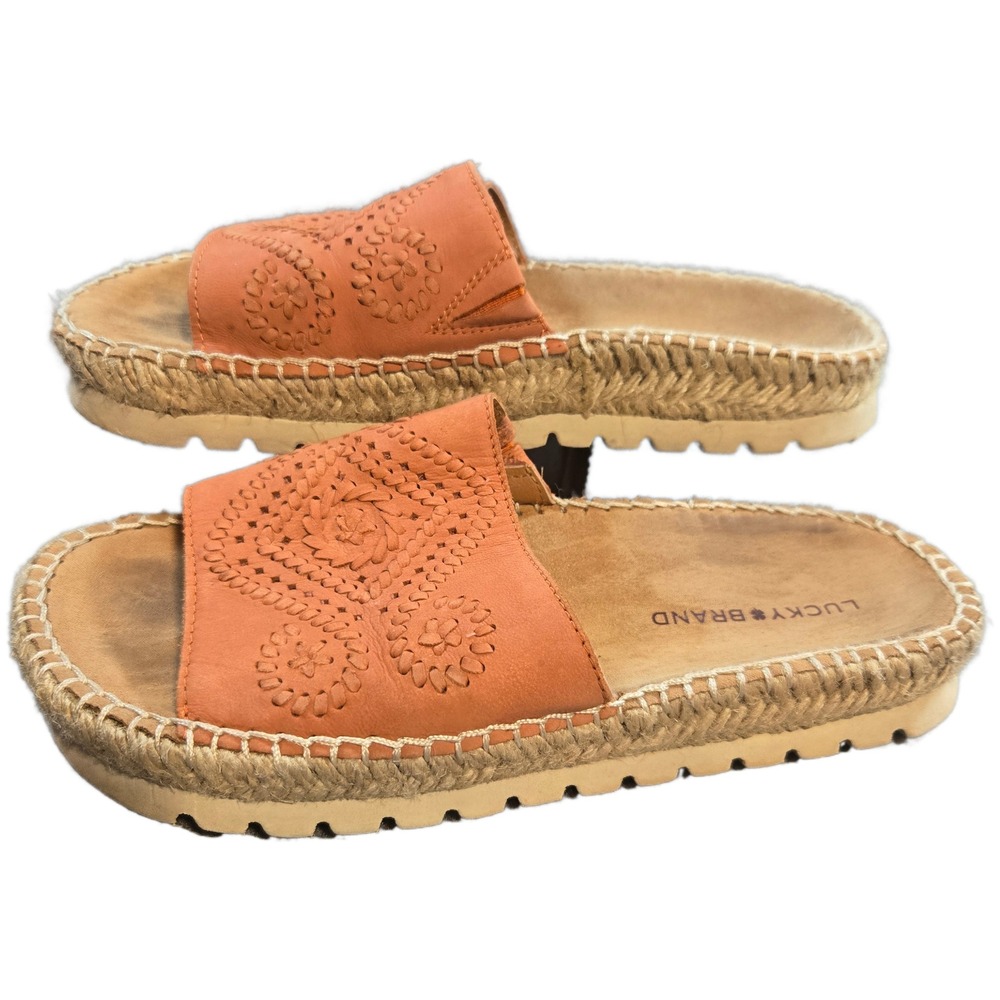 Woman Slide Sandals Leather upper Sz 6M Lucky Brand Lemana Espadrille‎ Embroider